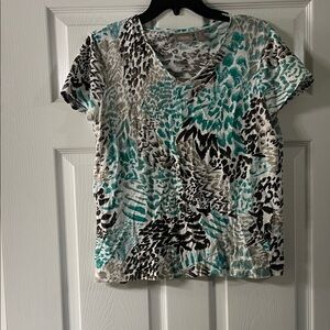 Chico's Teal and Black Patterned Short Sleeve Top
